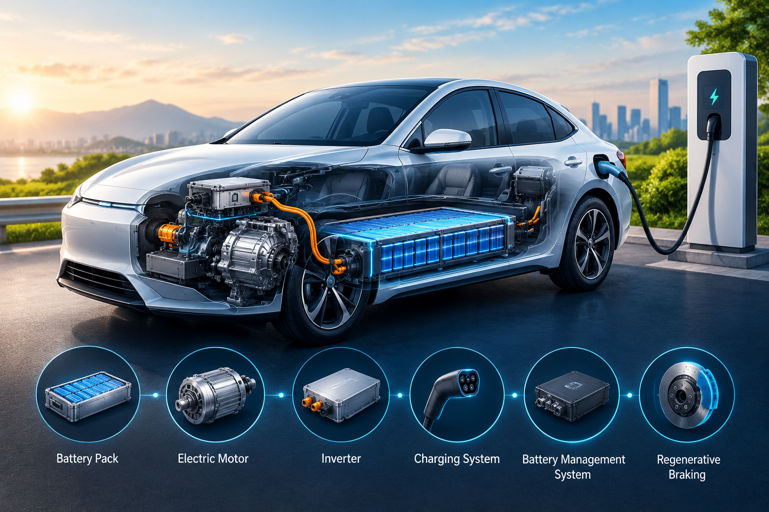 Electric car battery and motor showing how EVs work