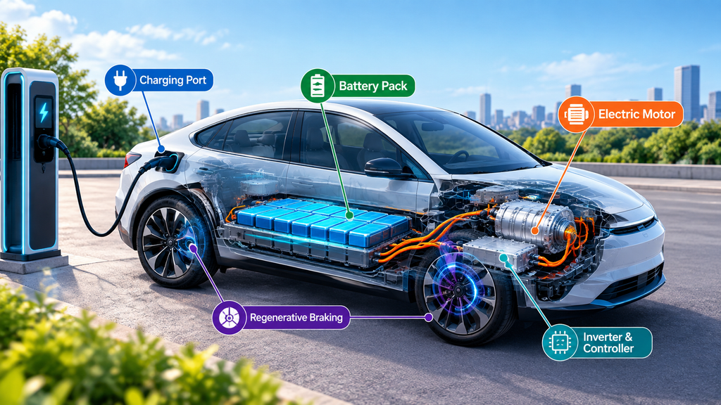Electric car battery and motor showing how EVs work