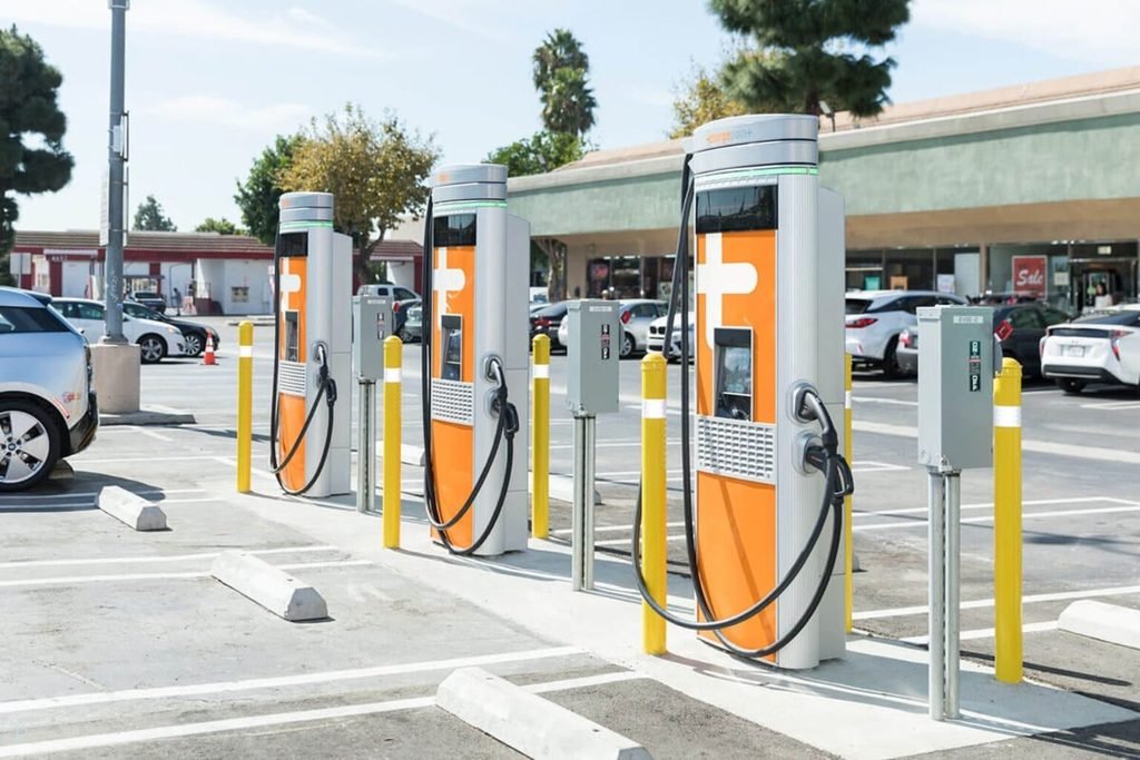 DC fast charging port on an electric car adding range in 20 to 30 minutes