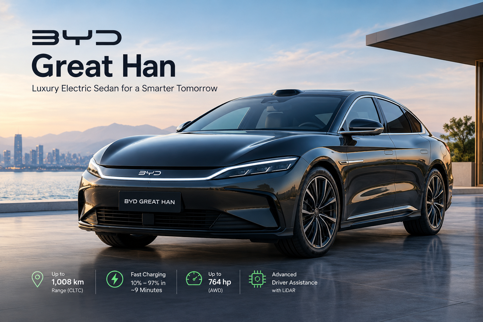 BYD Great Han electric sedan featuring a sleek luxury design, long driving range, ultra-fast charging, and advanced driver-assistance technology.