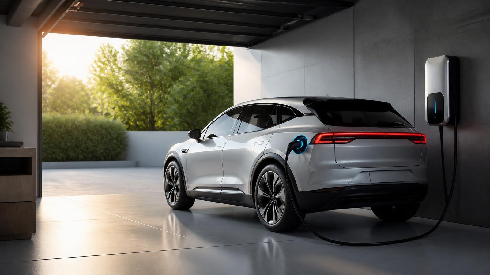 Maintain an electric car battery — EV plugged into a home charger in a bright garage