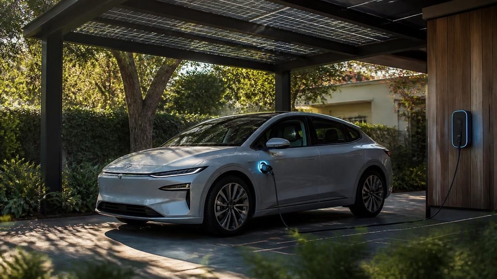Maintain an electric car battery — EV parked in shade and plugged into a home charger
