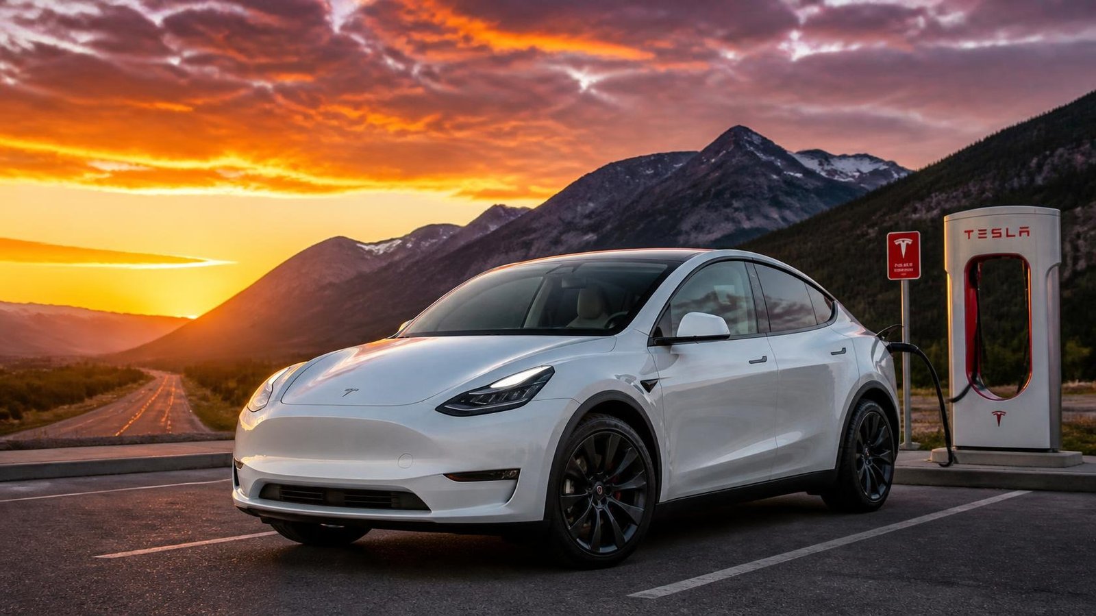 Tesla Model Y charging at a Supercharger station on a mountain road at sunset.