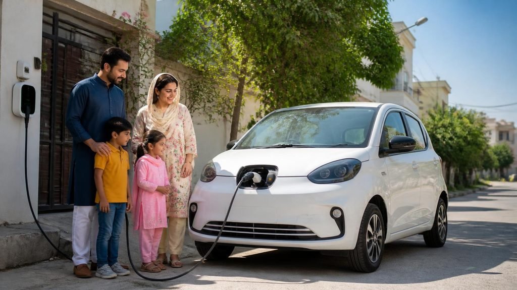 A happy Pakistani family of four standing beside a compact white affordable electric car being charged at home on a sunny residential street in Pakistan.
Electric Cars.