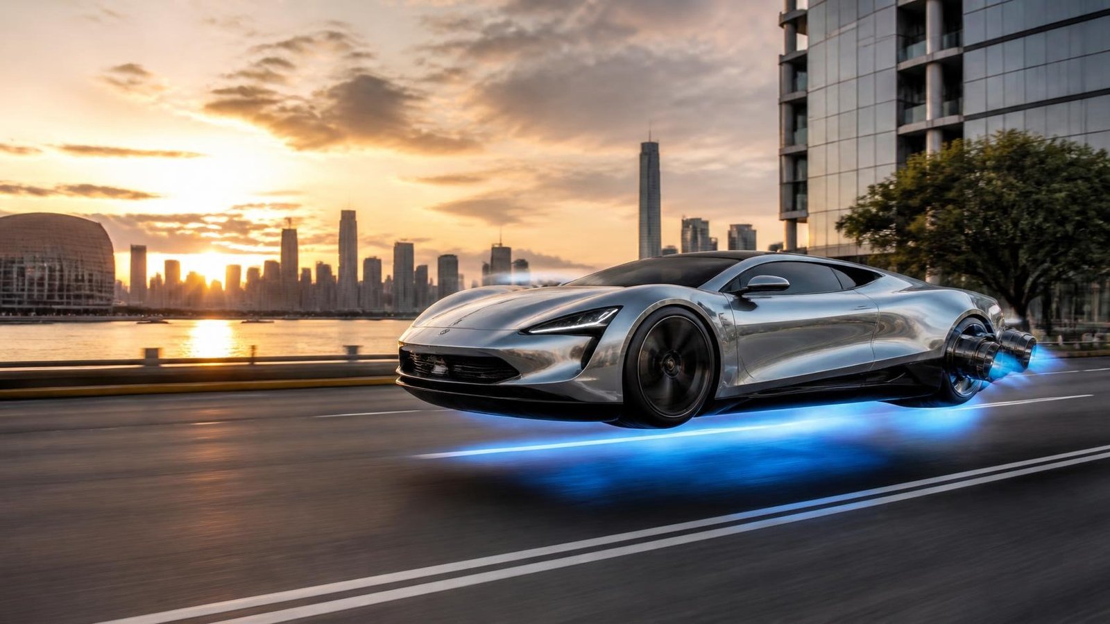 Tesla flying car concept with electric powertrain and futuristic thrusters