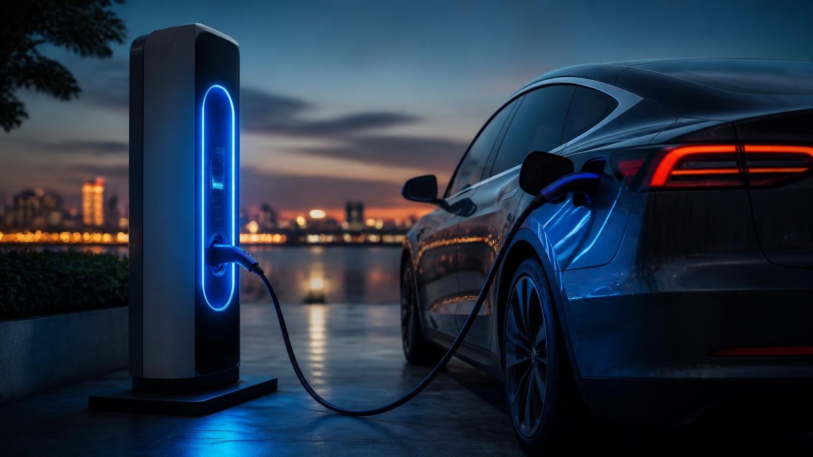 Electric car charging — EV connected to a public charging station at dusk