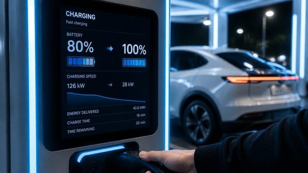 Electric car charging screen showing 80 percent battery limit and slowing charge speed