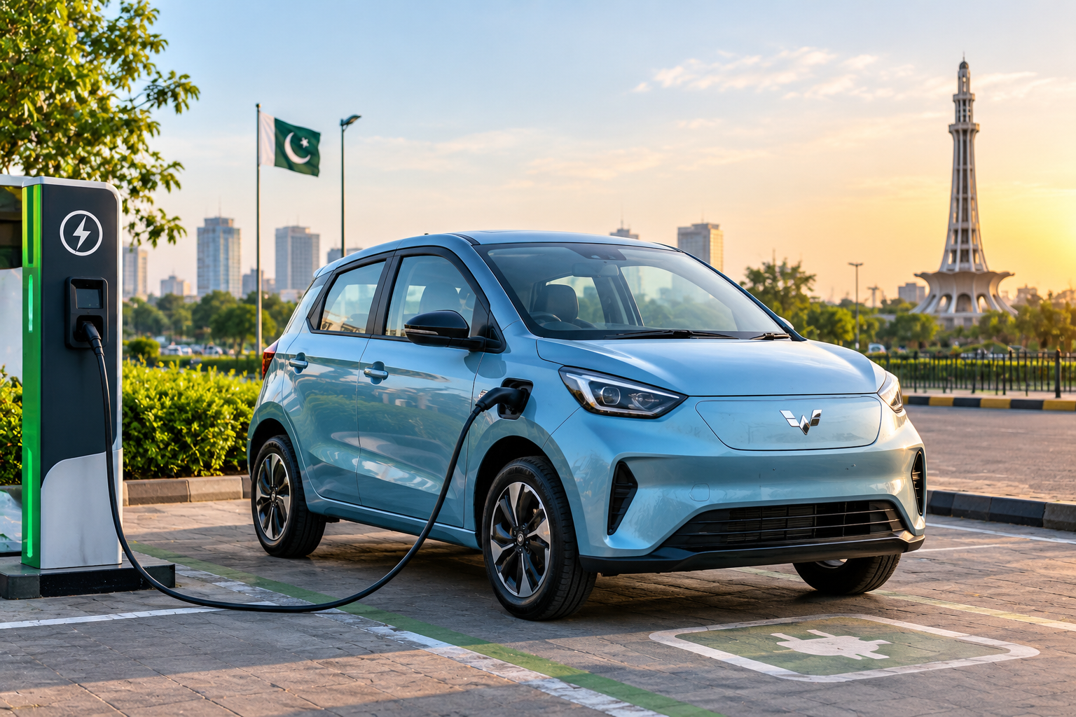 Affordable electric cars parked beside a charging station in Pakistan