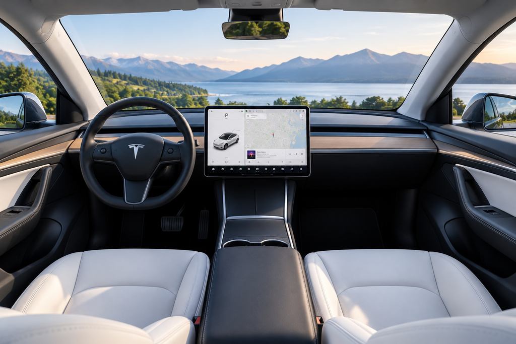 Tesla Model Y interior with minimalist dashboard, touchscreen, and premium seats