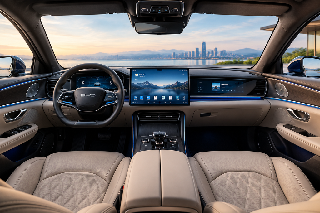 BYD Great Han electric sedan interior featuring premium leather seats, a digital instrument cluster, a large infotainment touchscreen, and ambient lighting.