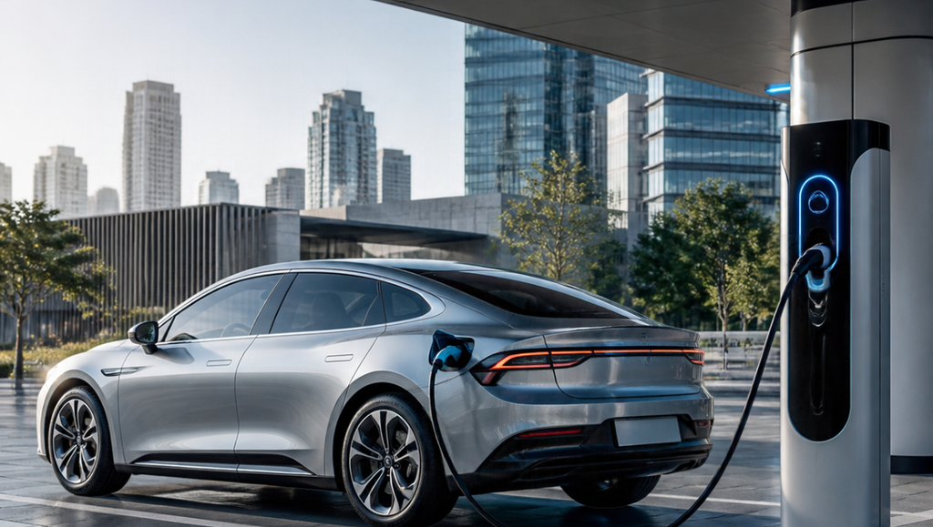 BYD electric car connected to an advanced ultra-fast flash charging station.